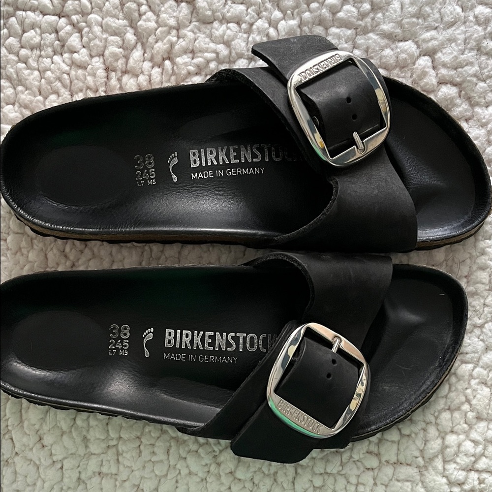 Birkenstock Black Slide Sandals with Silver Buckle